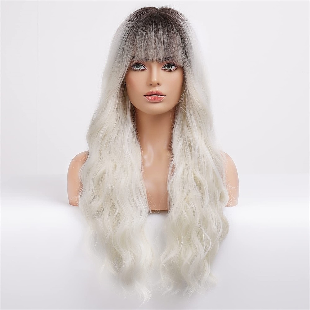 Perruque longue ondulée rose pour femme - Perruque rose ombré - Racine foncée - 66 cm - Avec frange - Perruque bouclée ondulée - Aspect naturel - Fibre synthétique résistante à la chaleur - Pour une de 2025 ? $28.99 –P11