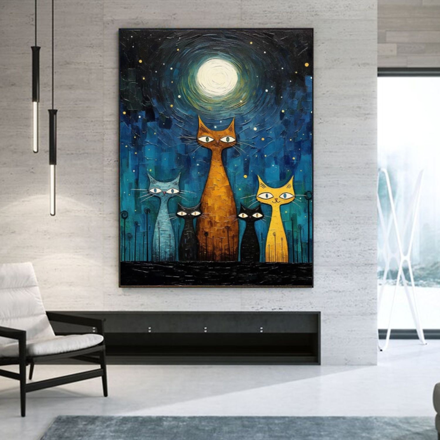 handgemalter Ölgemälde, Leinwand, Wandkunst, Dekoration, abstraktes Messergemälde, Sternenkatze im Van-Gogh-Stil, für Heimdekoration, gerolltes, rahmenloses, ungedehntes Gemälde 2025 - $178.99 –P3