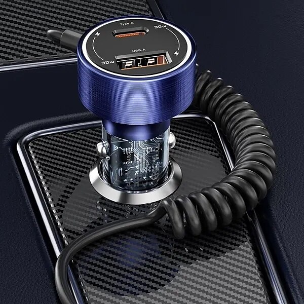 2025年 60 ワットデュアルポートベルトタイプ c ライン透明車の充電器には 1 メートルのタイプ c データワイヤー pd3.0 qc3.0 急速充電 iphone サムスン ファーウェイ xiaomi 携帯電話車に必要な充電器が付属しています  コレクション – $36.99 –P3
