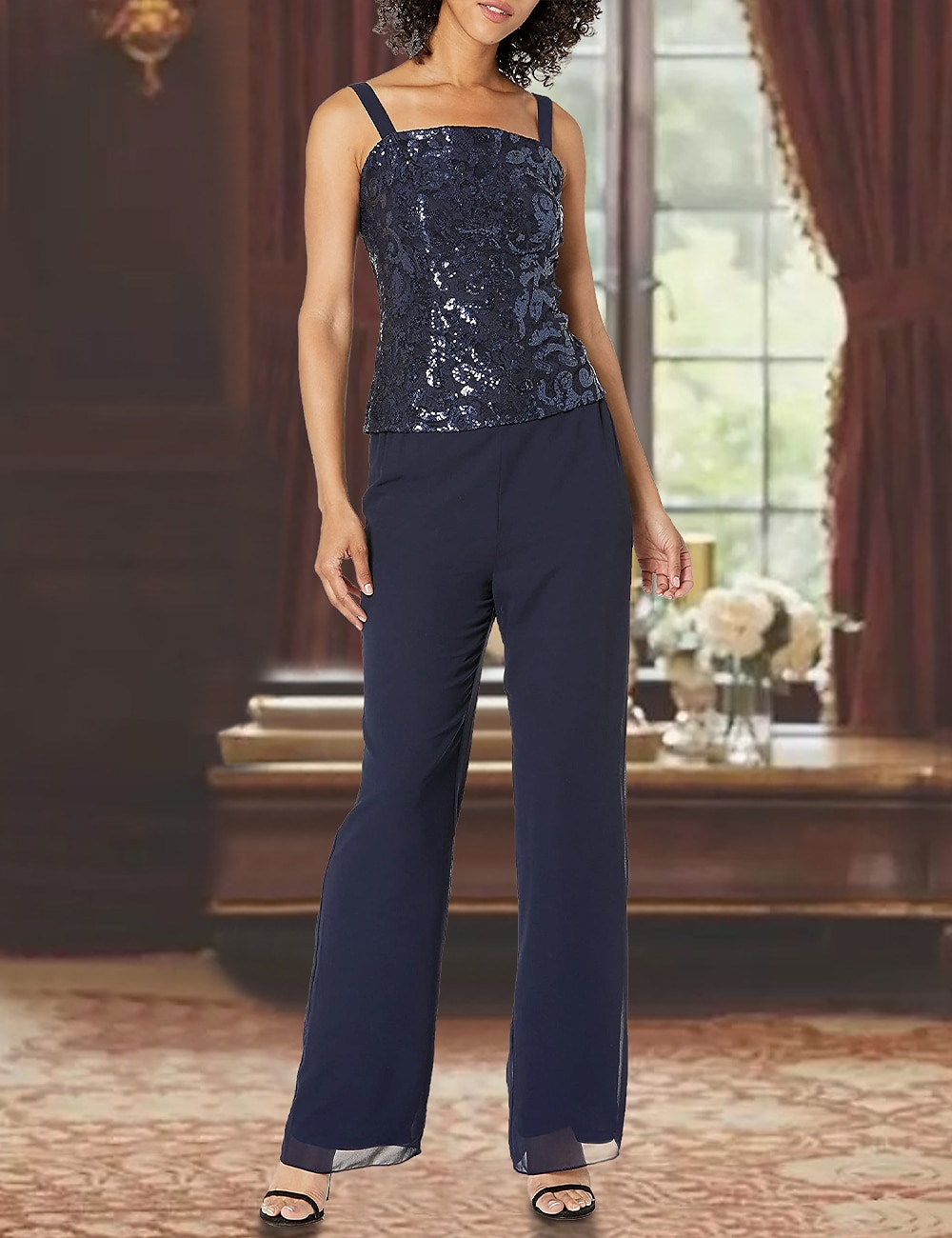 Macacão  Terno de Calça 3 Peças Mãe da Noiva Convidada de Casamento Formal Elegante Decote Quadrado Comprimento de Chão Comprimento de Chá Chiffon Renda Lantejoulas Manga 3/4 com Apliques Fenda de 2025 por $188.99 –P4