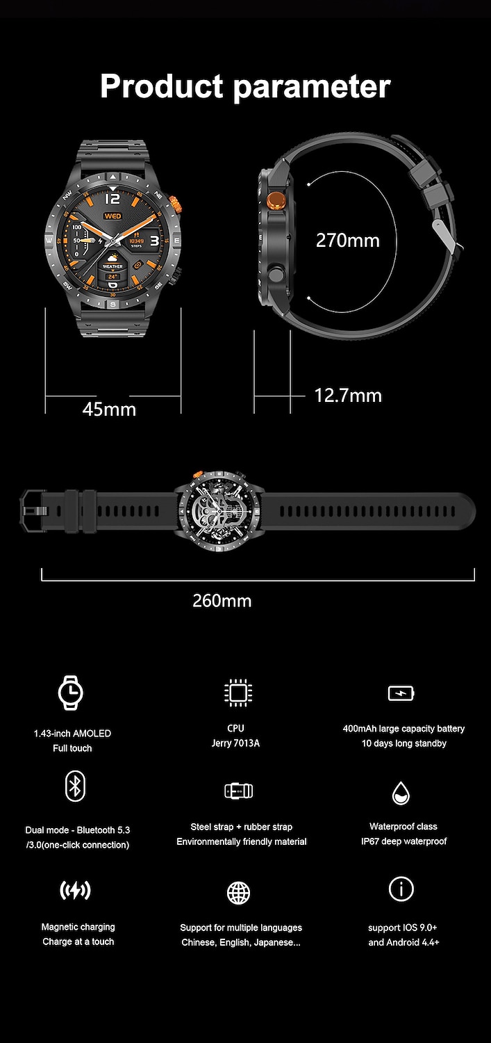 696 AK57 Smart Watch 1.43 inch Smartwatch Fitness Running Watch Bluetooth Pedometer Call Reminder Sleep Tracker Compatible with Android iOS Men Hands-Free Calls Message Reminder Custom Watch Face IP 2025 - $57.99 –P16