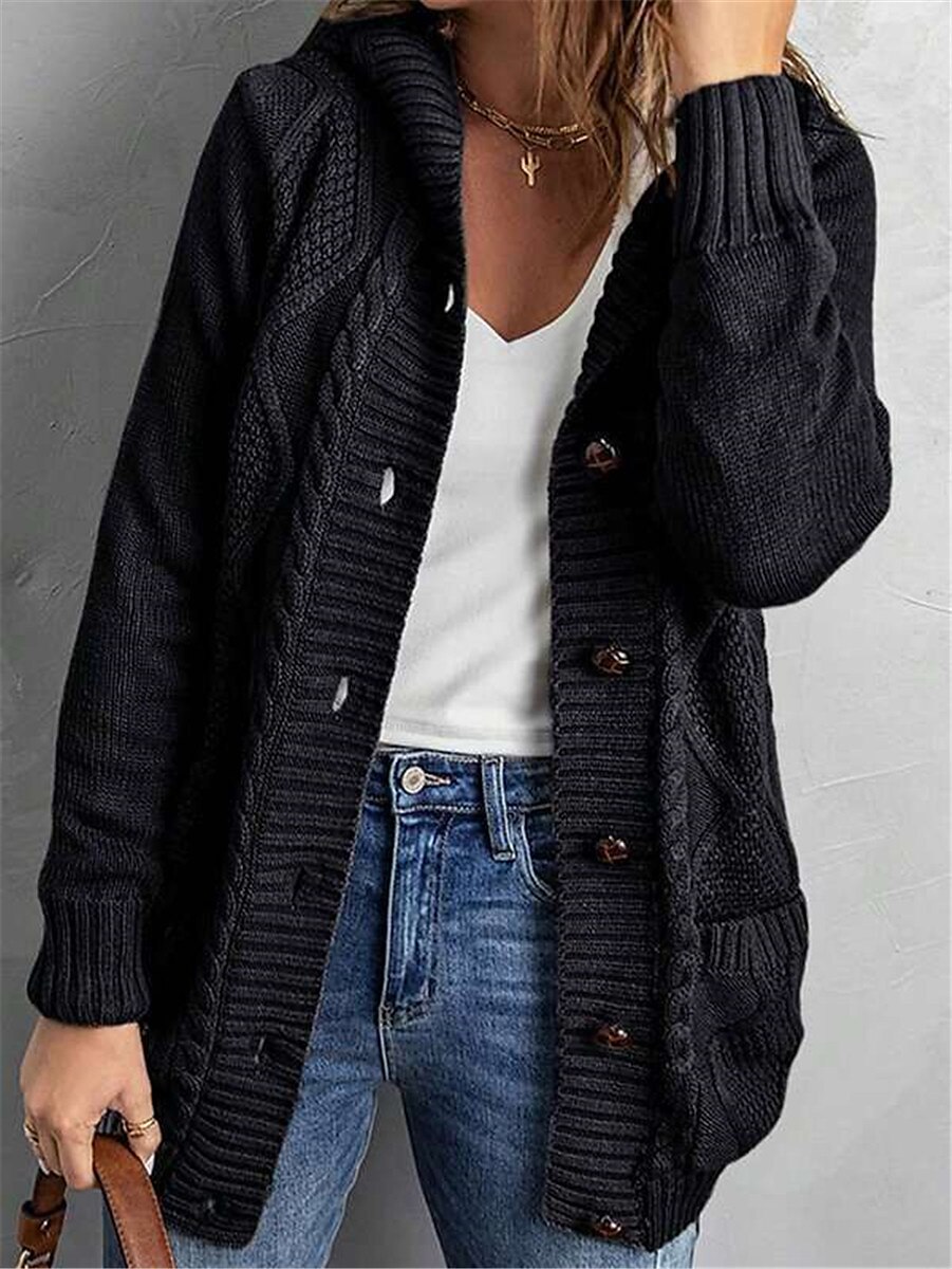Women's Cardigan Cable Knit Sweater Hooded Cable Knit Acrylic Button Pocket Knitted Fall Winter Regular Outdoor Daily Going out Stylish Casual Soft Long Sleeve Pure Color Black Dark Gray S M L 2023 - US $54.99 –P7
