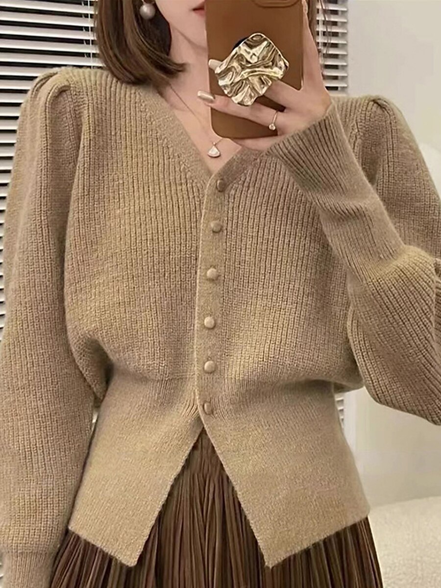 Women's Cardigan Sweater Jacket V Neck Ribbed Knit Polyester Button Knitted Fall Winter Regular Outdoor Christmas Daily Stylish Casual Soft Long Sleeve Solid Color Red Purple Khaki S M L 2023 - US $37.99 –P3