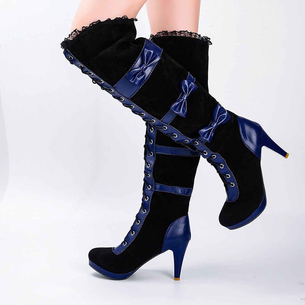 Dámské gotické šněrovací kozačky nad kolena – černé sametové lolita podpatky se saténovými mašlemi na halloween, cosplay a vintage párty 2025 - $69.99 –P2