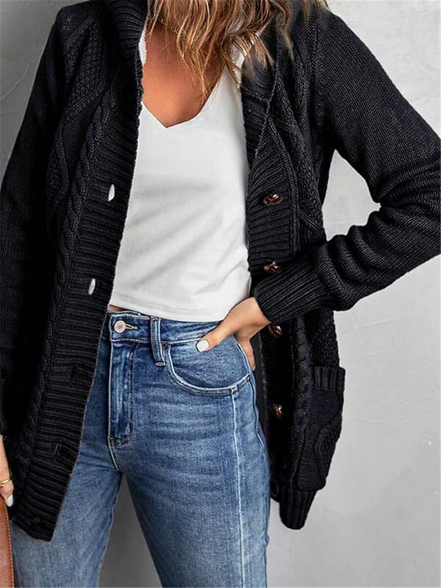 Women's Cardigan Cable Knit Sweater Hooded Cable Knit Acrylic Button Pocket Knitted Fall Winter Regular Outdoor Daily Going out Stylish Casual Soft Long Sleeve Pure Color Black Dark Gray S M L 2023 - US $54.99 –P5
