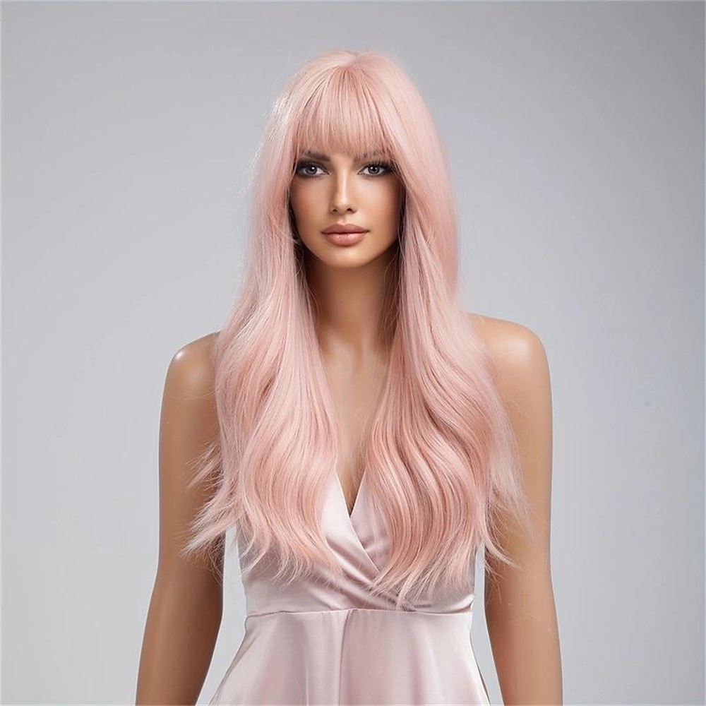 perruque synthétique bouclée perruque bang soignée long brun rose cheveux synthétiques design à la mode pour femmes naturel facile à transporter rose brun perruques de fête de Noël de 2025 ? $21.99 –P2