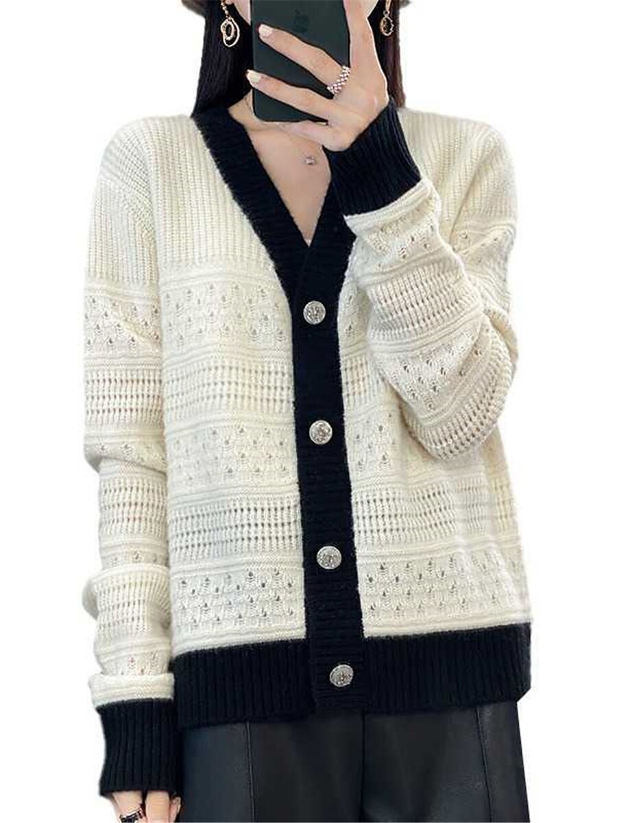 Women's Cardigan V Neck Ribbed Knit Polyester Button Knitted Fall Winter Short Outdoor Daily Going out Stylish Casual Soft Long Sleeve Solid Color Black White Khaki One-Size 2023 - US $25.99 –P5