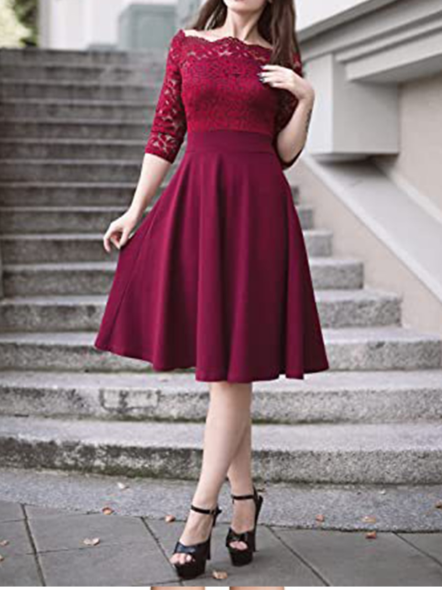 Women's Off-Shoulder Lace Skater Dress Burgundy A-Line Party Elegant  Three-Quarter Sleeve Evening Wear Comfortable Fit Multiple Sizes 2026 -  $57.99