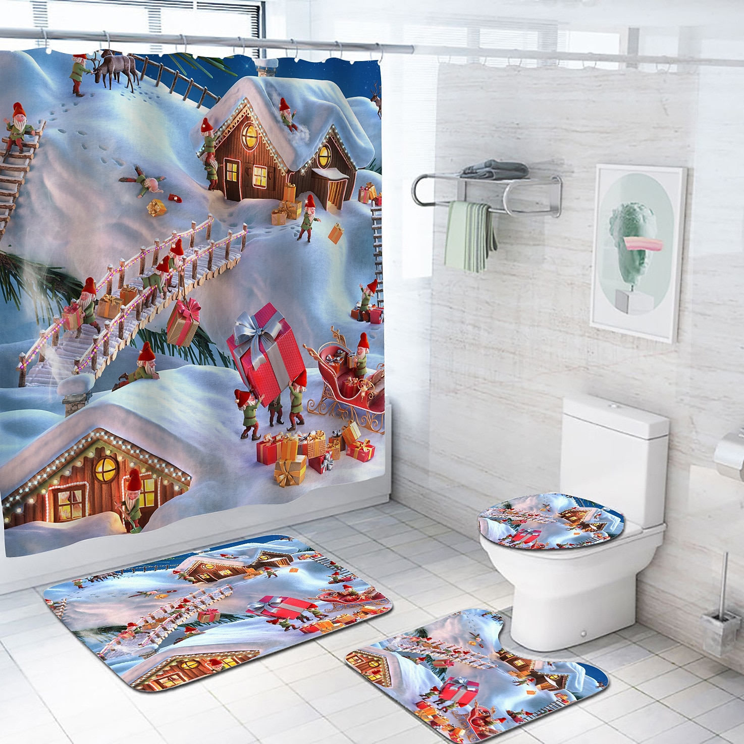 Cortina de ducha navideña de muñeco de nieve, juego de cortinas impermeables con 12 ganchos, accesorios de baño navideños, decoración navideña 2025 - $23.99 –P7