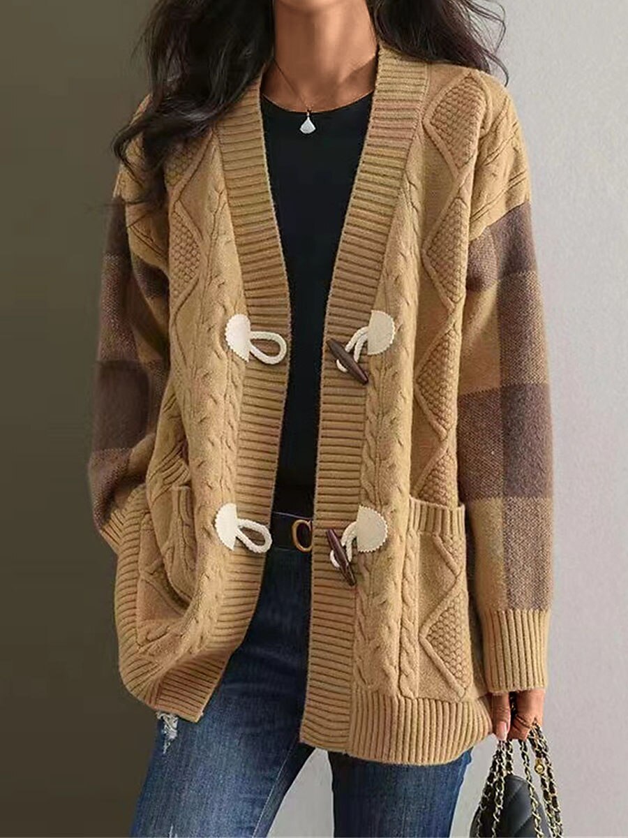 Women's Cardigan Sweater Jacket V Neck Cable Knit Acrylic Pocket Fall Winter Regular Outdoor Daily Going out Stylish Casual Soft Long Sleeve Plaid Red Navy Blue Green S M L 2023 - US $38.99 –P1