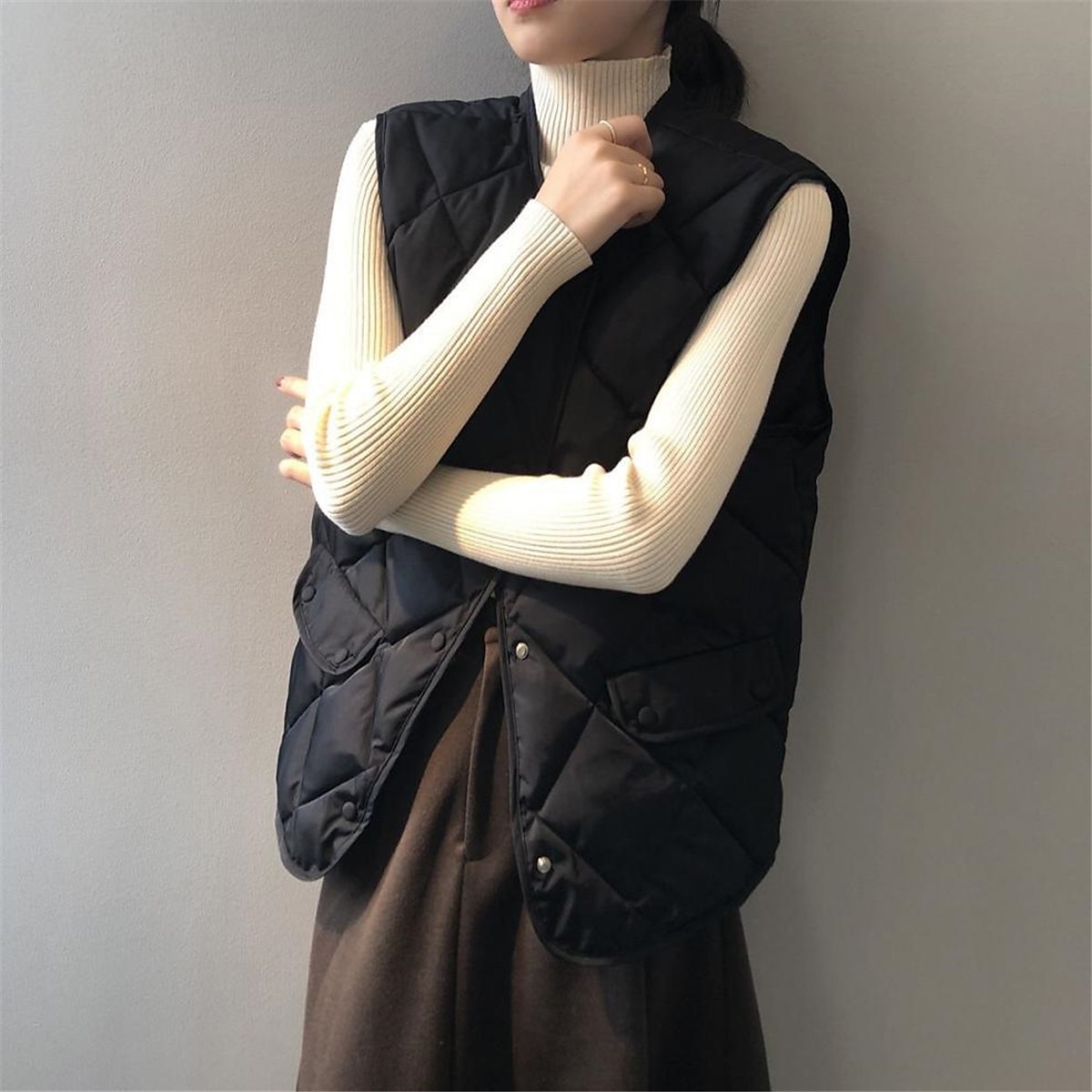 Women's Quilted Vest Winter Coat Warm Windproof Gilet with Pocket Single Breasted Sleeveless Parka Casual Plain Outerwear Fall Black Yellow Beige Lightweight 2023 - US $26.99 –P7