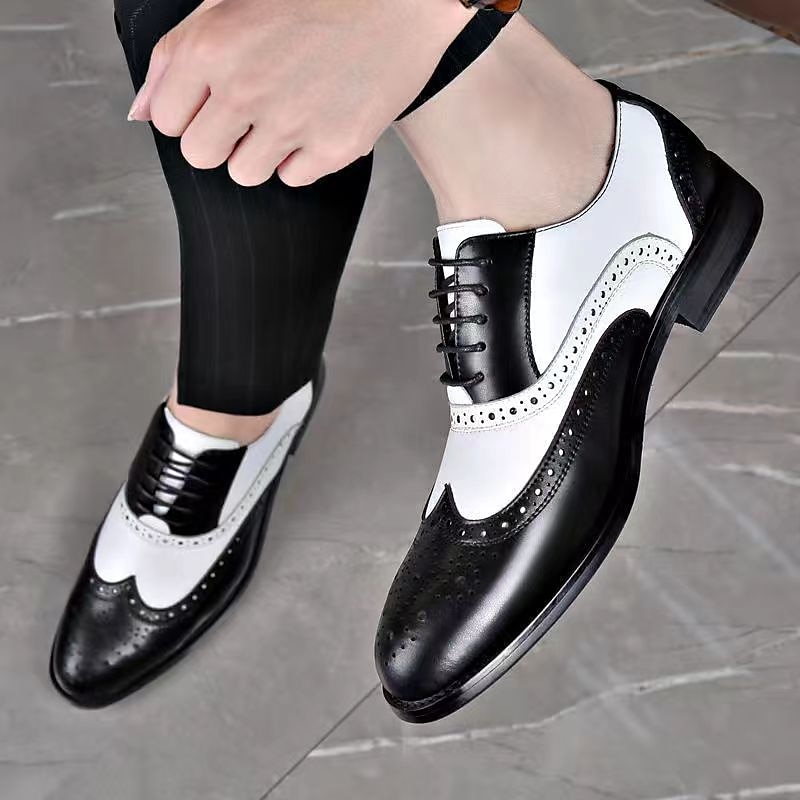 pantofi oxford brogue alb-negru pentru bărbați cu design în vârful aripii, detalii perforate pentru evenimente formale și petreceri nunți 2025 - $34.99 –P2