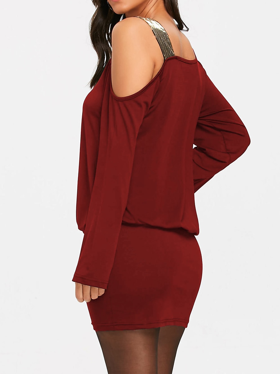 Damen schwarzes kleid Paillettenkleid abendkleider Pailletten Rüschen Schulterfrei Langarm Farbblock Minikleid Cocktailparty Urlaub Schwarz Wein Winter 2025 - $21.99 –P2