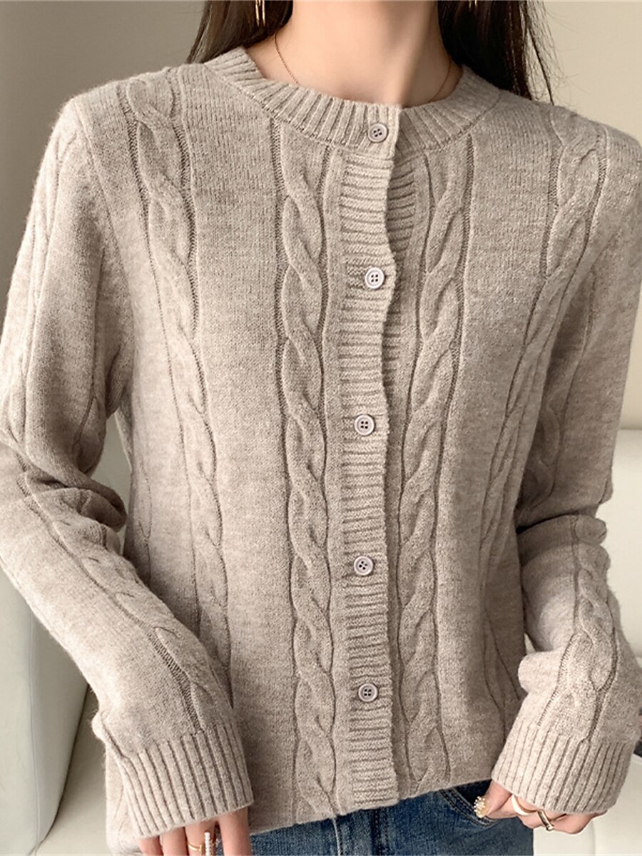 Women's Cardigan Sweater Jacket Crew Neck Cable Knit Polyester Button Knitted Fall Winter Regular Outdoor Daily Going out Fashion Streetwear Casual Long Sleeve Solid Color off white Black Camel S M L 2023 - US $28.99 –P11