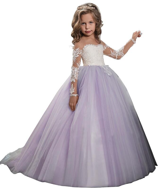 Blumenmädchenkleid Mädchen Prinzessinenkleid Kleid für die Erstkommunion Party Kleid Leistung Hochzeit Party Prinzessin Süß Gitter Feste Farbe Langarm Rundhalsausschnitt Weiß Elfenbein 2-12 Jahre 2025 - $73.99 –P3