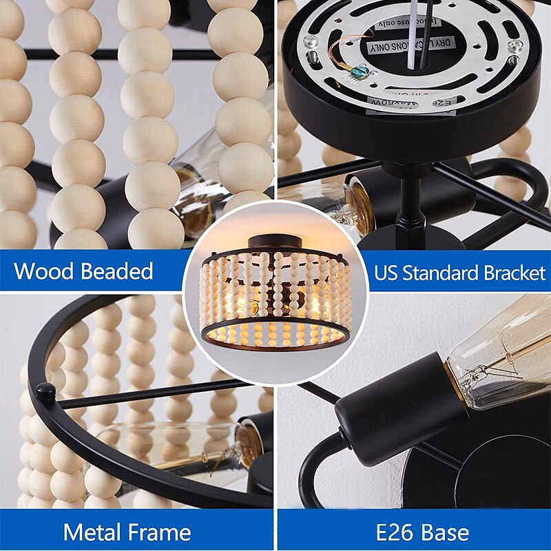 Bohemian Farmhouse Chandelier Wood Beaded Ceiling Light Fixture, Rustic Semi Flush Mount Ceiling Light Fixture, Black 2-Light Nursery Chandelier for Kitchen Island Foyer Hallway Bedroom Living Room, E26 Base 110-240V 2025 - $143.99 –P3