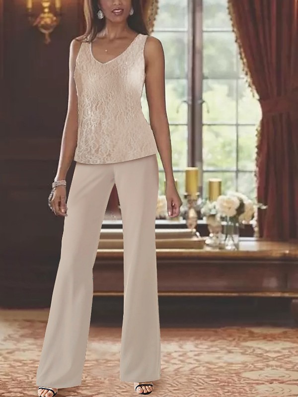 Strand Bruiloft Jumpsuit  Pantalon 3 Stuk Moeder van de Bruid Formal Bruiloft Gast Elegante V-hals Vloerlengte Chiffon Kant Lange Mouw Jacketten met Applicaties 2025 - $129.99 –P2