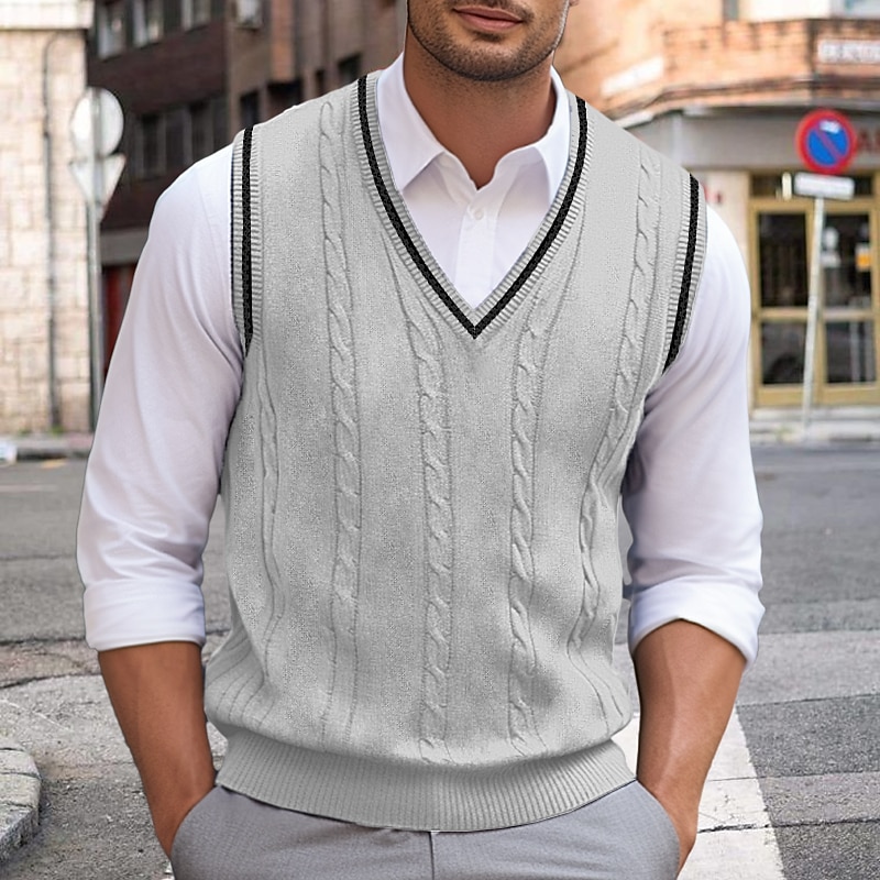 Weihnachtspullover, Herrenpullover, Weste, Strickpullover, Pullover mit Zopfmuster, normal gestrickt, einfarbig, V-Ausschnitt, warm halten, modern, zeitgenössisch, Alltagskleidung, Ausgehen, Kleidung, Herbst, Winter, Weiß, Rot, S, M, L 2025 - $25.99 –P9