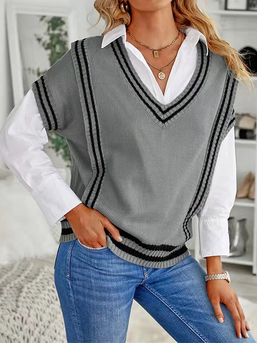Women's Sweater Vest V Neck Ribbed Knit Acrylic Patchwork Fall Winter Regular Outdoor Daily Going out Stylish Casual Soft Short Sleeves Striped Black Khaki Gray S M L 2023 - US $28.99 –P1