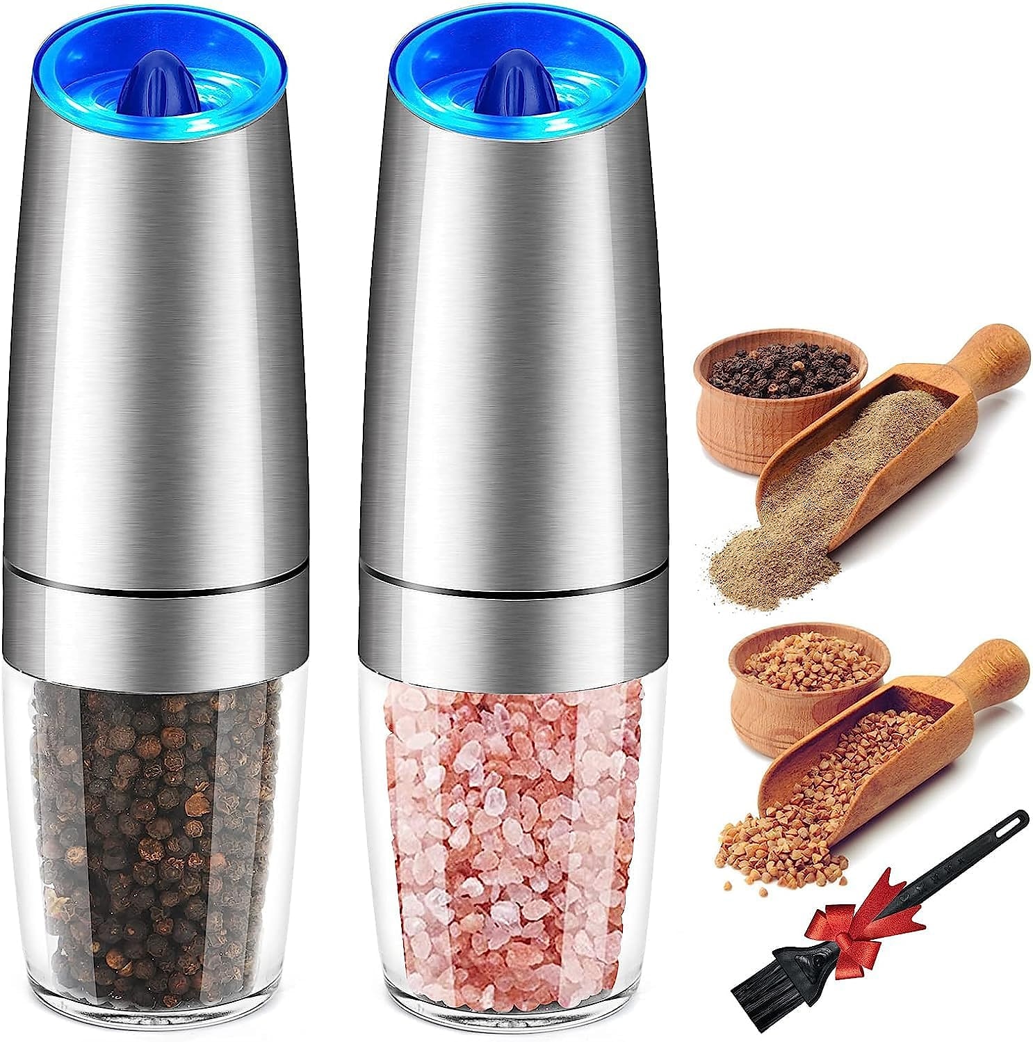 1 stk elektrisk salt- og pepperkvern, gravitasjonssensor, automatisk pepperkvern, enhåndsbetjening, batteridrevet med justerbar grovhet, blått led lys 2025 - $27.99 –P12