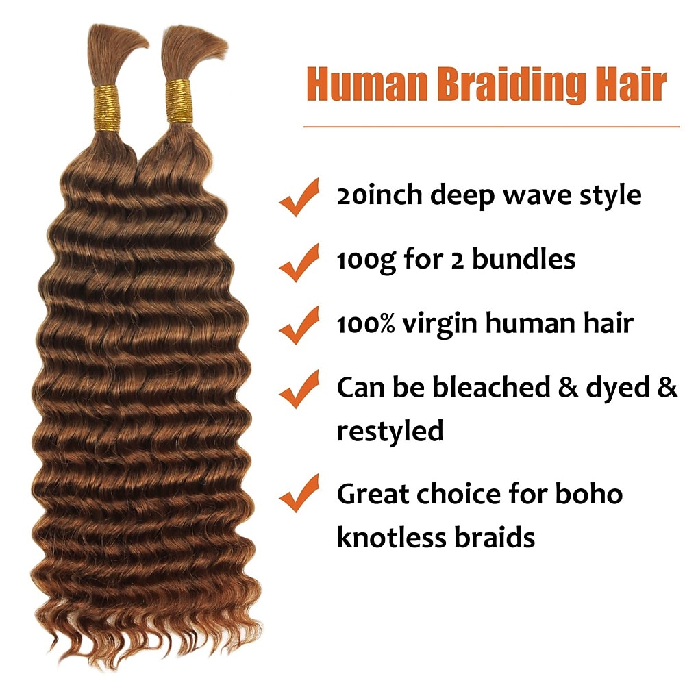 2 Bundle Human Braiding Hair Deep Wave Virgin Human Hair Curly Braiding Hair  For Bohemian Knotless Boho Braids Light Brown No Weft 100 Percent Human Hair  Bundles For Braiding 2024 - $99.39