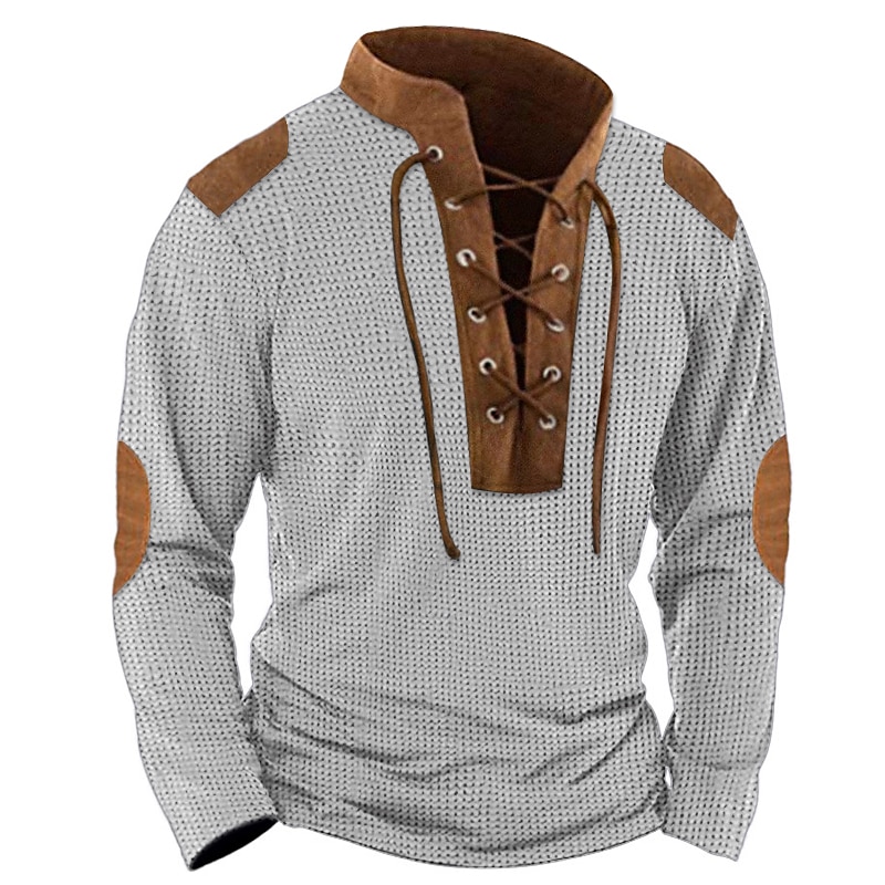 Men's Waffle Shirt T Shirt Tee Top Long Sleeve Shirt Long Sleeve Collar Spring & Fall Color Block Vintage Designer Basic Lace up Patchwork Vacation Street Going out Black Blue khaki Top Tee for Men 2025 - $24.99 –P1