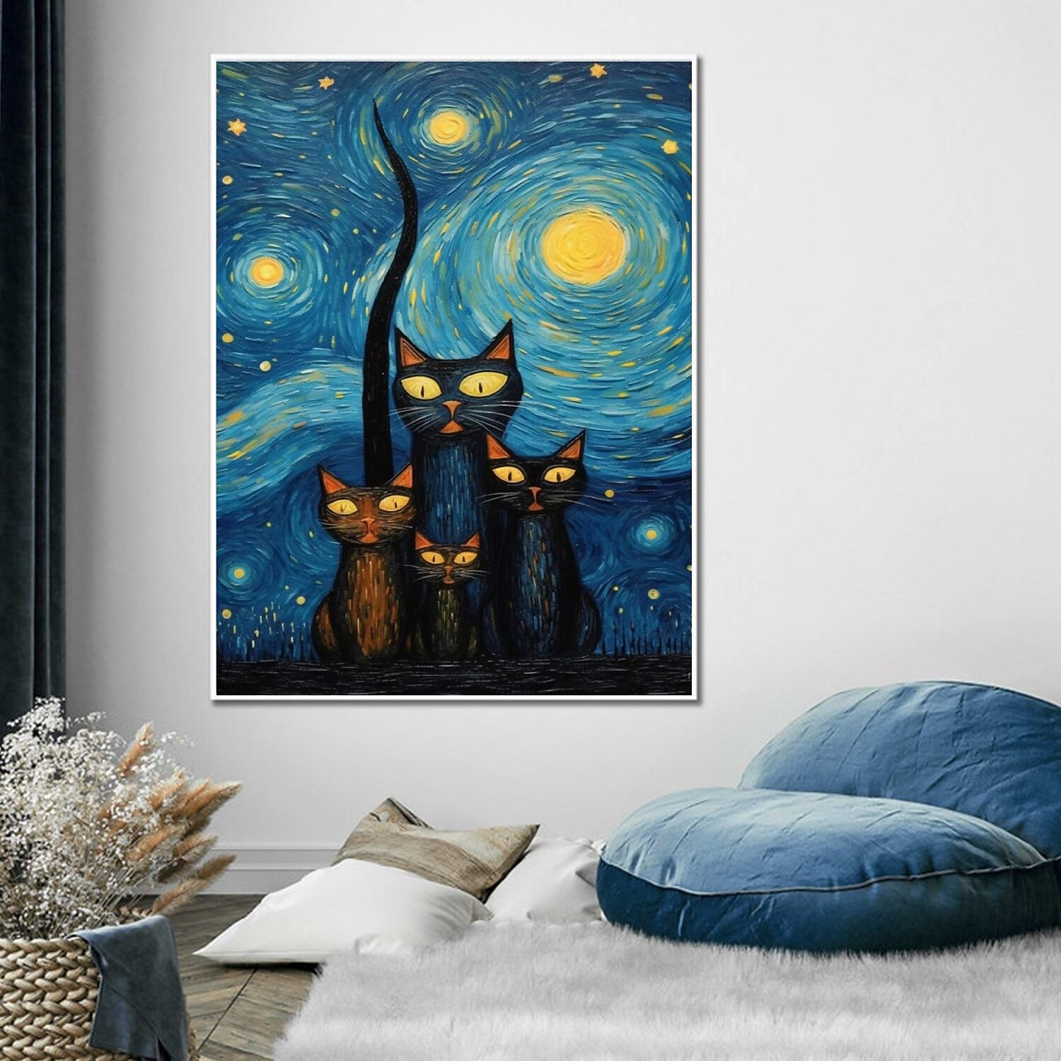 handgemalter Ölgemälde, Leinwand, Wandkunst, Dekoration, abstraktes Messergemälde, Sternenkatze im Van-Gogh-Stil, für Heimdekoration, gerolltes, rahmenloses, ungedehntes Gemälde 2025 - $178.99 –P2
