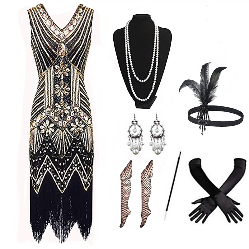 Rugido 20s 1920s Hasta la Rodilla Vestido Flapper Accesorios Diadema de estilo flapper Sin Mangas El gran Gatsby Invitado a la boda Lentejuelas Borlas Escote en Pico Disfraz Mujer Navidad Carnaval 2026 - $48.99 –P2