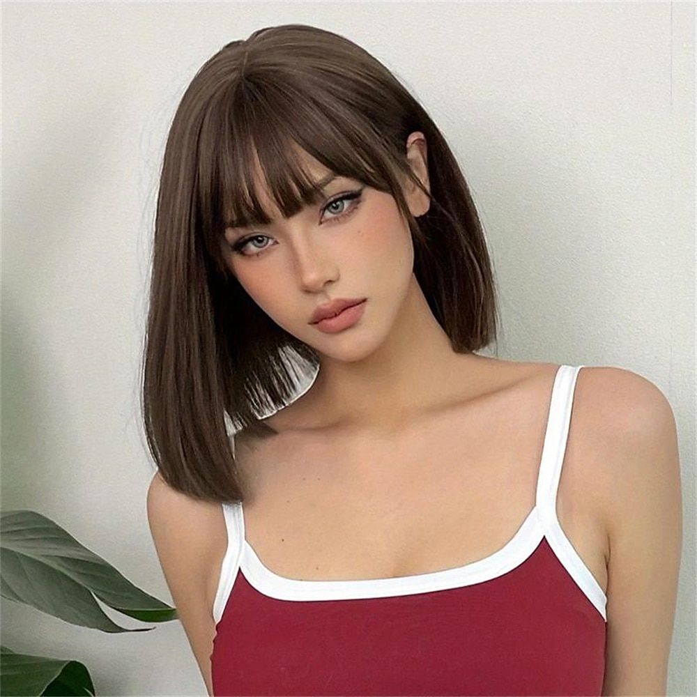 2025年 ブラウン 14 インチ ボブ ショート ストレート ヘアウィッグ 前髪付き かわいい 合成繊維 女性用ウィッグ 毎日のハロウィーンパーティー コスプレ用 クリスマスパーティーウィッグ コレクション – $16.49 –P9