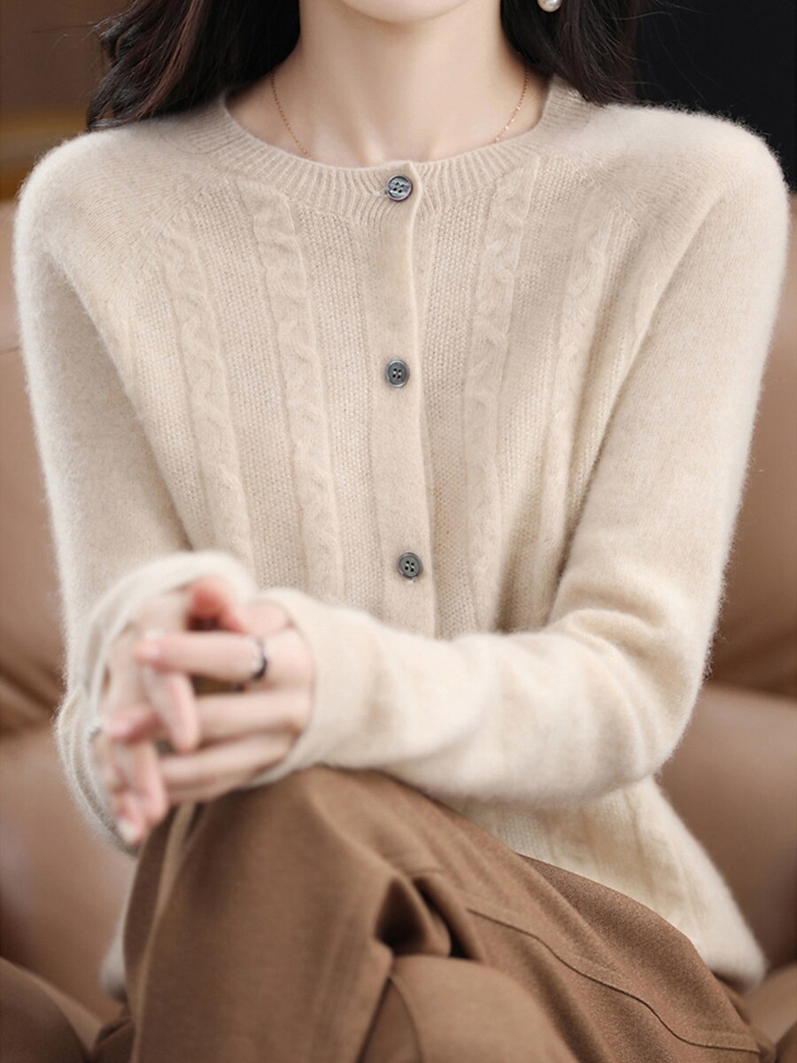 Women's Cardigan Sweater Jacket Crew Neck Cable Knit Polyester Button Knitted Fall Winter Regular Outdoor Daily Going out Streetwear Stylish Casual Long Sleeve Pure Color White Brown Apricot S M L 2023 - US $31.99 –P1