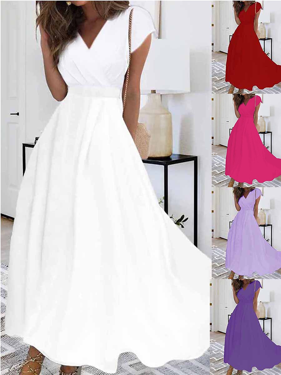 Damen Maxikleid Weißes Kleid Casual kleid Chiffon-Kleid Einfarbig Brautkleider schlicht Reifen Outdoor Täglich Wochenende Rüschen Kurzarm V Ausschnitt Kleid Regular Fit Weiß Rosa Rote Sommer Frühling 2025 - $41.99 –P1
