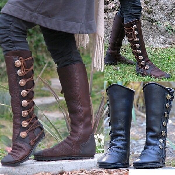 Botas altas medievales con cordones marrones para mujer: botas vintage de piel sintética con botones decorativos para cosplay, ferias renacentistas y recreaciones históricas 2025 - $54.99 –P1