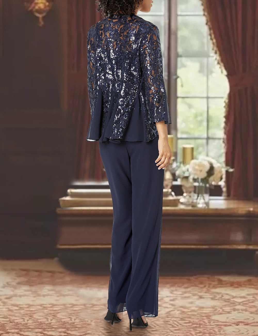 Macacão  Terno de Calça 3 Peças Mãe da Noiva Convidada de Casamento Formal Elegante Decote Quadrado Comprimento de Chão Comprimento de Chá Chiffon Renda Lantejoulas Manga 3/4 com Apliques Fenda de 2025 por $188.99 –P2