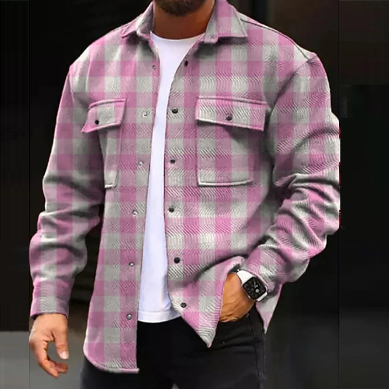 Per uomo A quadri Geometrica Camicia Giacca da camicia Sovracamicia Manica lunga Informale Esterno Strada Casual / quotidiano Autunno inverno Collo ripiegabile Bottoni Tasche Stampa Rosa del 2026 a $35.99 –P1