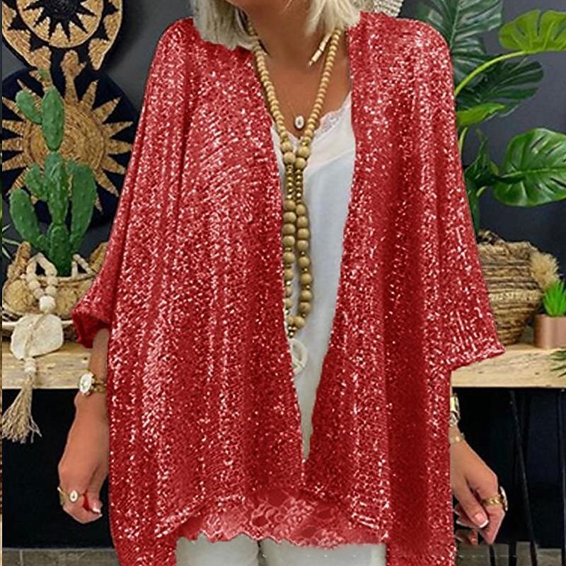 Women's Plus Size Jacket Sequins Formal Party Open Front  Sparkle & Shine 3/4 Sleeve Sequined Fall Wedding Guest Wraps With Glitter For Spring & Summer Wedding Mother of Bride dress to impress 2025 2025 - $59.99 –P2