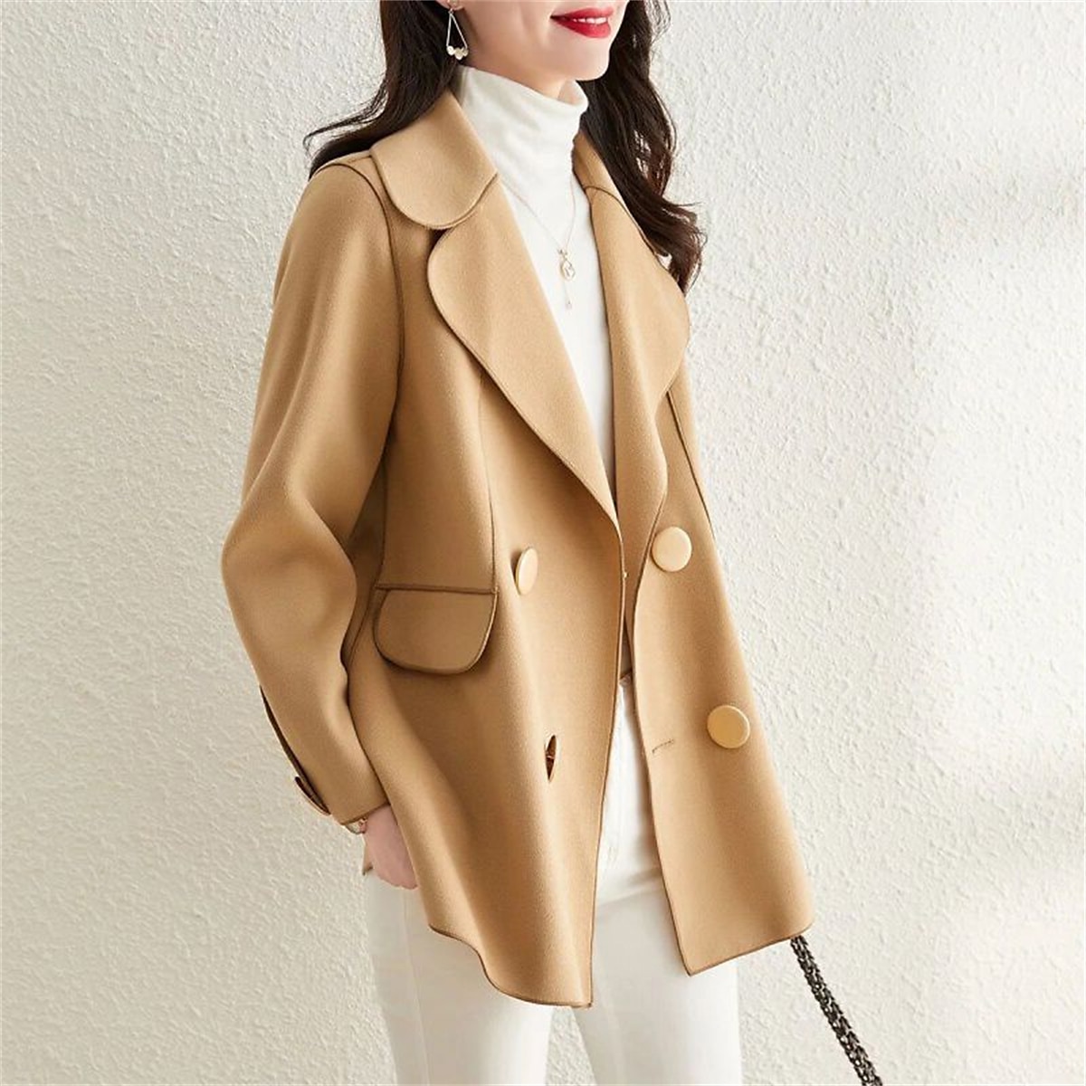 Women's Wool Blend Coat Cropped Jacket Pea Coat Double Breasted Lapel Coat Warm Winter Coat with Pockets Outerwear Long Sleeve Fall Khaki M L XL Elegant Lady Jacket 2023 - US $39.99 –P2