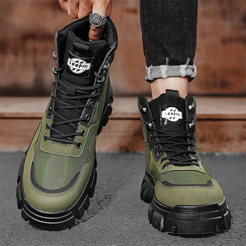 Men's Boots Work Boots Walking Vintage Casual Daily PU Height Increasing Mid-Calf Boots Lace-up Black Yellow Green Fall Winter 2023 - AED 179.99 –P10