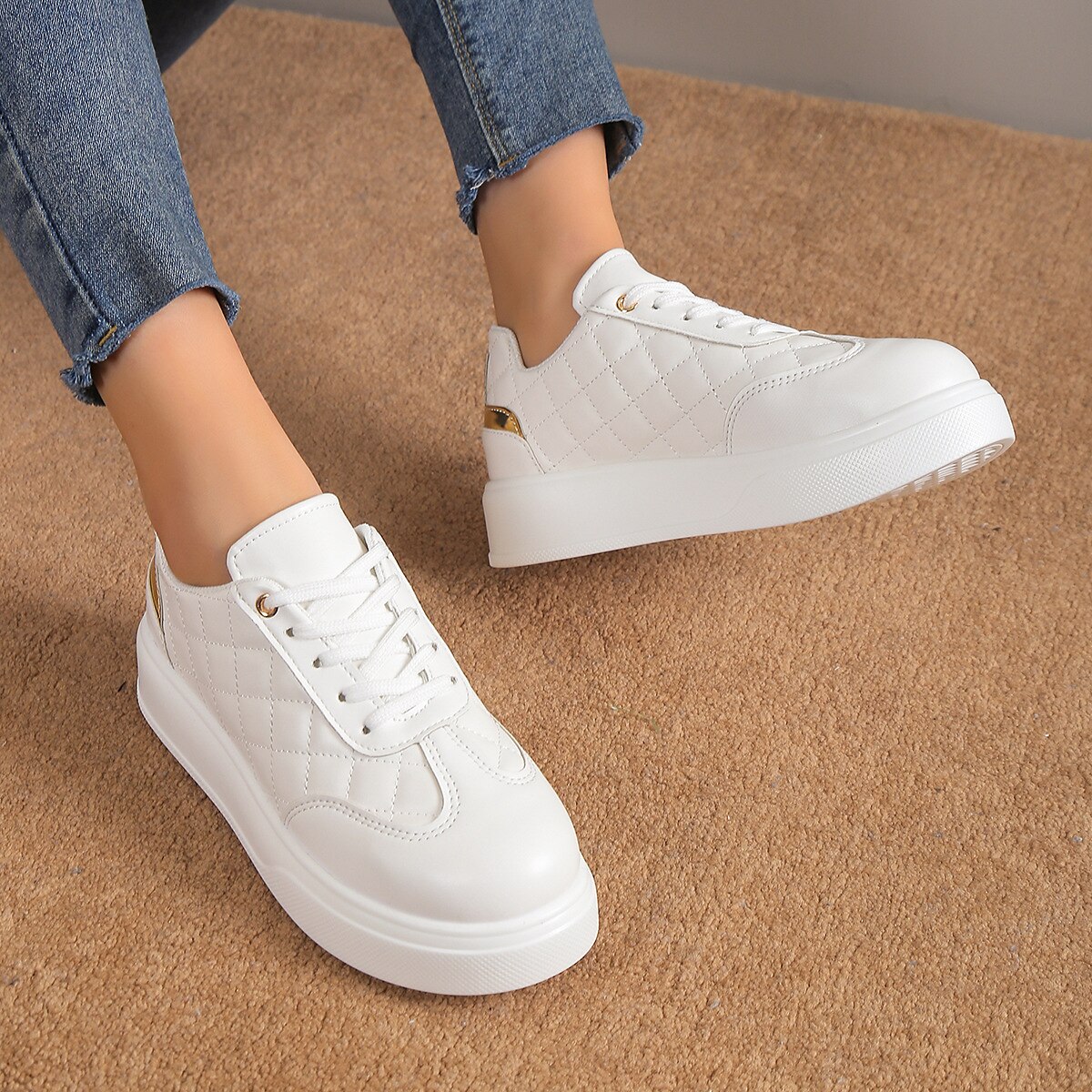 Women's Sneakers White Shoes Plus Size Platform Sneakers White Shoes Outdoor Solid Color Polka Dot Summer Winter Flat Heel Round Toe Closed Toe Fashion Sporty Casual PU Lace-up Black White Pink 2023 - AED 139 –P5