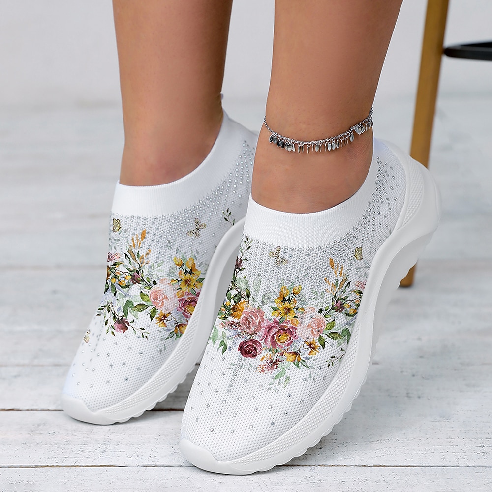 Women's White Floral Knit Slip-On Sneakers – Breathable Lightweight Walking Shoes with Rhinestone Accents for Casual Wear, Travel, and Spring Outfits 2025 - $29.99 –P2