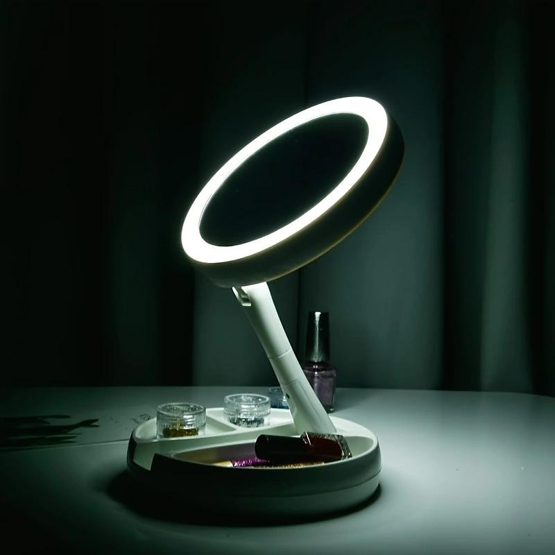 Specchio per il trucco pieghevole 1 pezzo con organizer per scatola portaoggetti con luce a LED, bifacciale 1x & Specchio retrattile ingranditore 10x per tavolo, toeletta, cosmetici del 2025 a $18.99 –P6