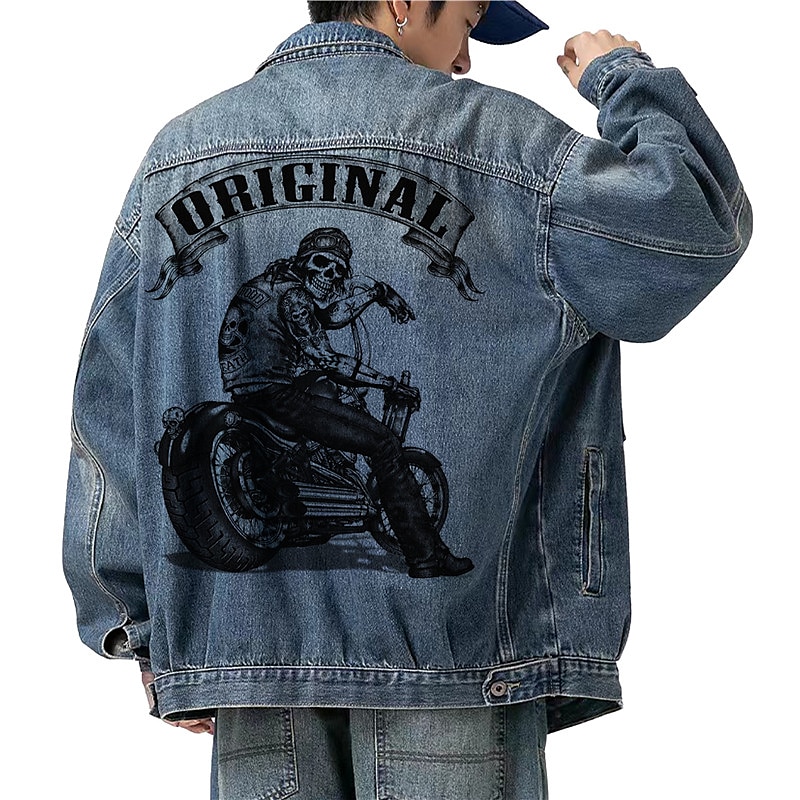 Men's Motorcycle Skulls Coat Jean Jacket Denim Jacket Breathable Comfortable Casual Sports & Outdoor Going out Weekend Buttons Print Fall & Winter Turndown Long Sleeve Black Blue 2025 - $60.99 –P3