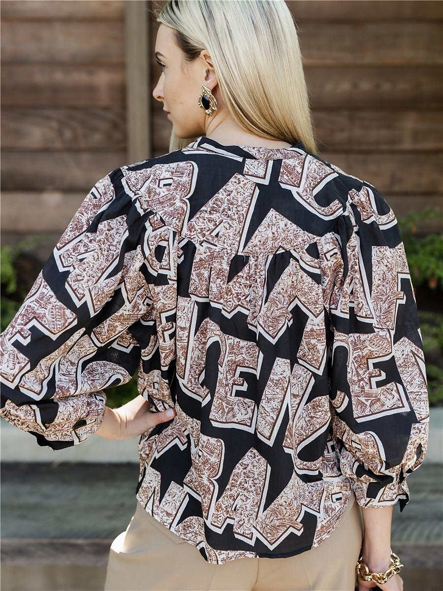 camicetta casual con stampa di lettere e collo rotondo del 2025 a $4.99 –P6