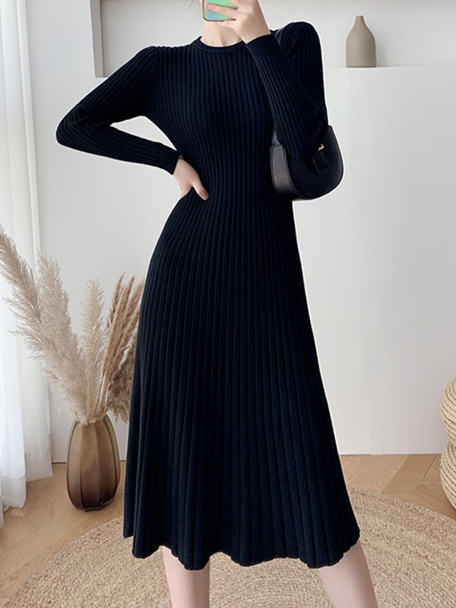 Women's Sweater Dress Jumper Dress Casual Dress Midi Dress Fashion Pure Color Outdoor Daily Going out Crew Neck Long Sleeve 2023 Slim Black Blue Apricot One Size 2023 - US $34.99 –P3