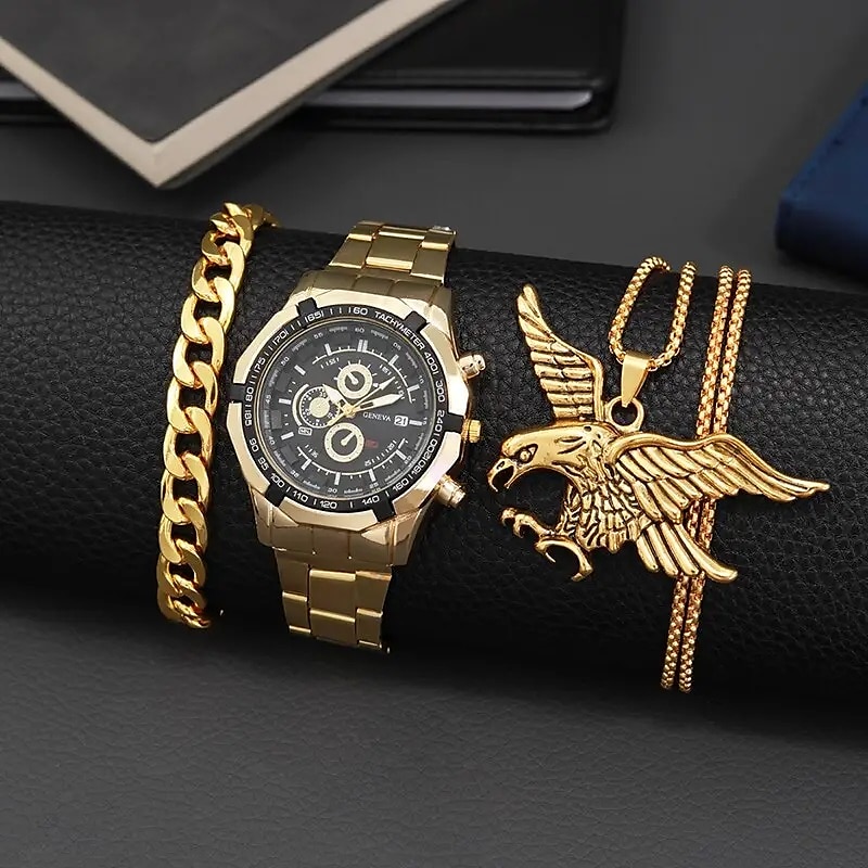 3 Stück/Set Mode Herren Geschäfts Quarz Uhr  Casual Halskette  Armband 2025 - $23.99 –P1