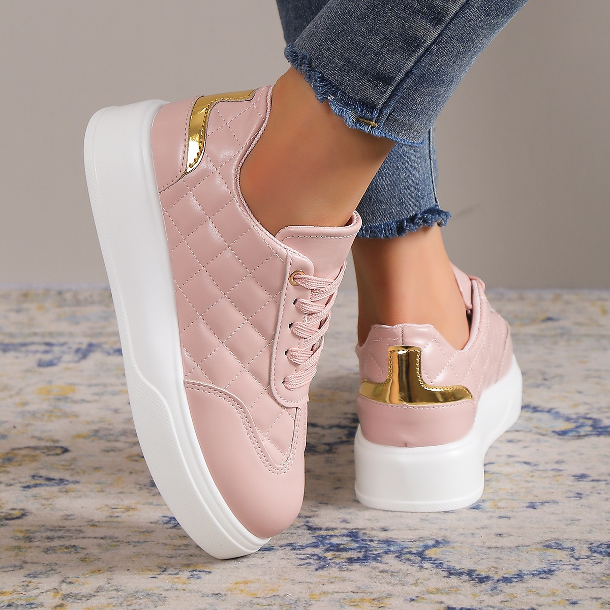 Women's Sneakers White Shoes Plus Size Platform Sneakers White Shoes Outdoor Solid Color Polka Dot Summer Winter Flat Heel Round Toe Closed Toe Fashion Sporty Casual PU Lace-up Black White Pink 2023 - AED 139 –P3