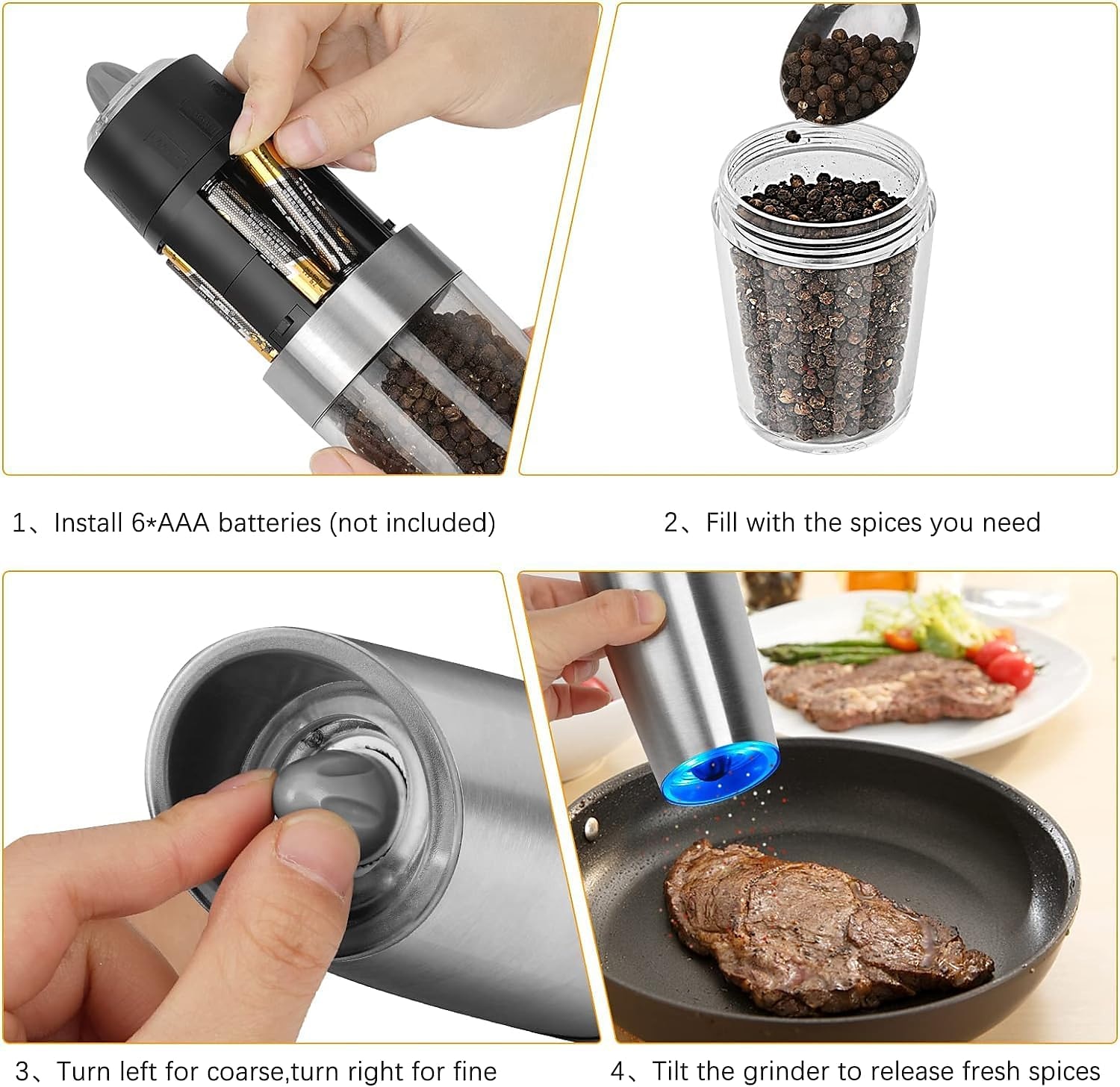 1 stk elektrisk salt- og pepperkvern, gravitasjonssensor, automatisk pepperkvern, enhåndsbetjening, batteridrevet med justerbar grovhet, blått led lys 2025 - $27.99 –P6