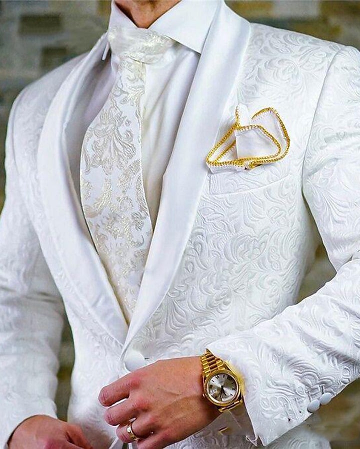 ternos masculinos para baile de casamento, preto e branco, festa, jacquard floral, ajuste sob medida, 2 peças, abotoamento simples, um botão de 2025 por $156.99 -P5