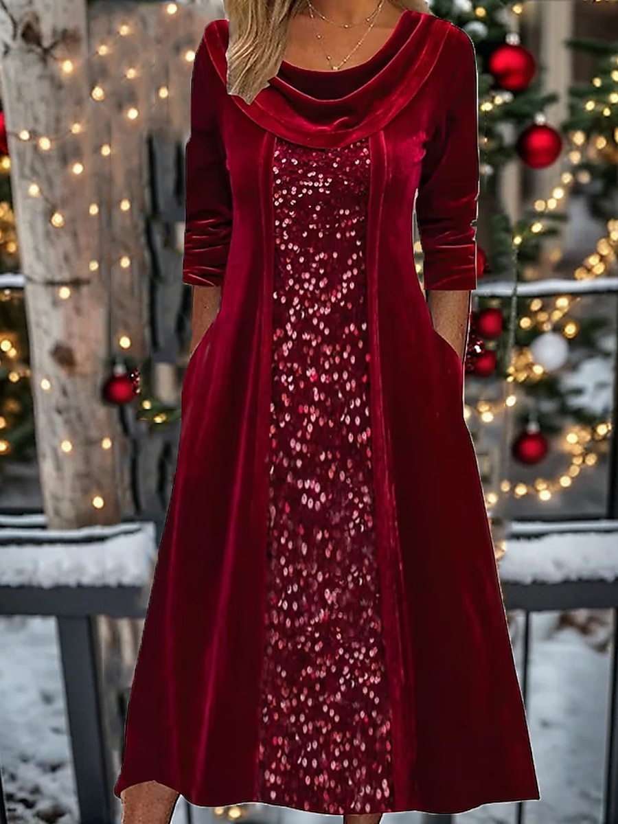 Women‘s Sequin Dress Velvet Dress Party Dress Sparkly Dress Christmas Midi Dress Wine Long Sleeve Sparkly Glitter Spring Fall Winter Crew Neck Fashion Winter Dress Wedding Guest 2023 - US $31.99 –P1