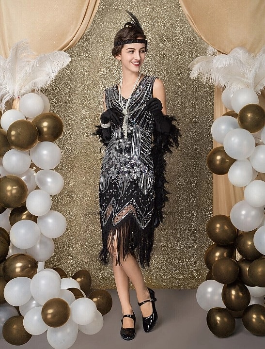 Ordító 20-as évek 1920-as évek Térdig érő Flapper ruha Ruhák Koktélruha A nagy Gatsby Esküvői Vendég Flitter Kollázs Jelmez Női Esküvő Parti Esküvői vendég Felnőttek Hazatérő ruhák 2025 - $45.99 –P3