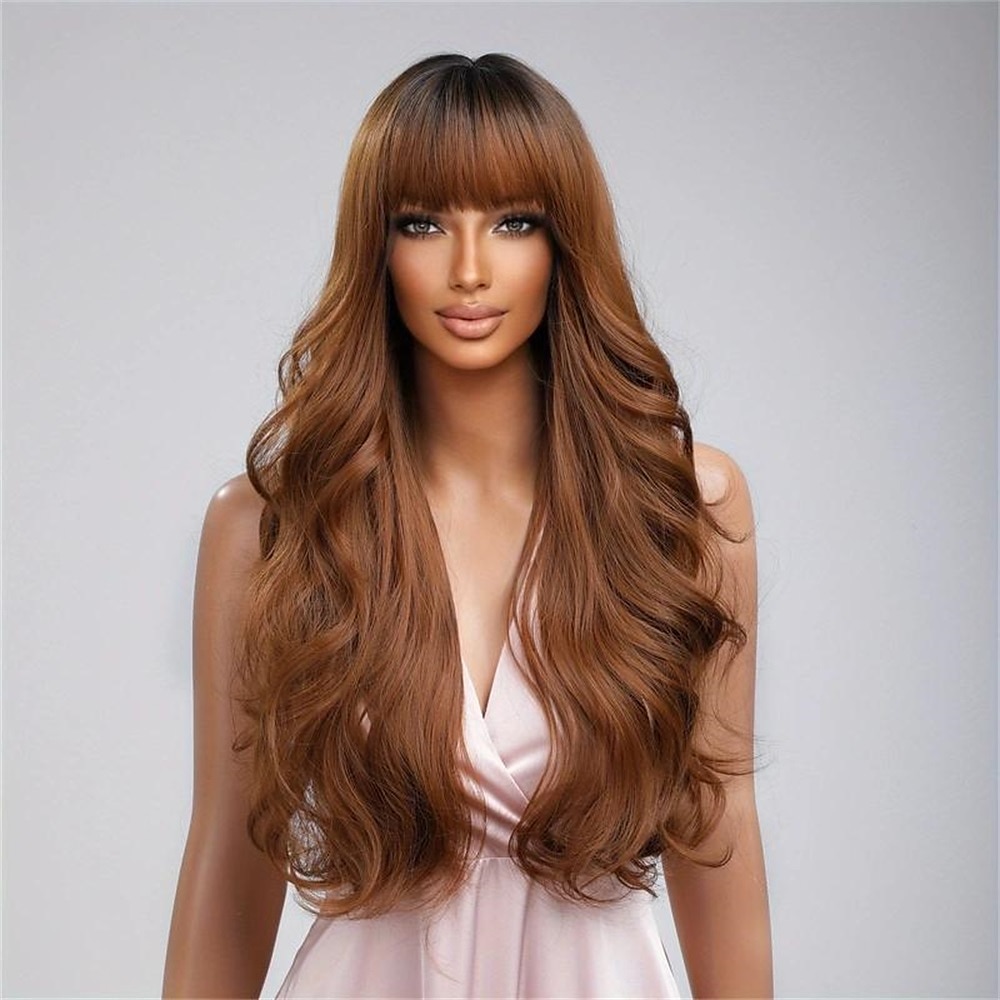 perruque synthétique bouclée perruque bang soignée long brun rose cheveux synthétiques design à la mode pour femmes naturel facile à transporter rose brun perruques de fête de Noël de 2025 ? $21.99 –P6